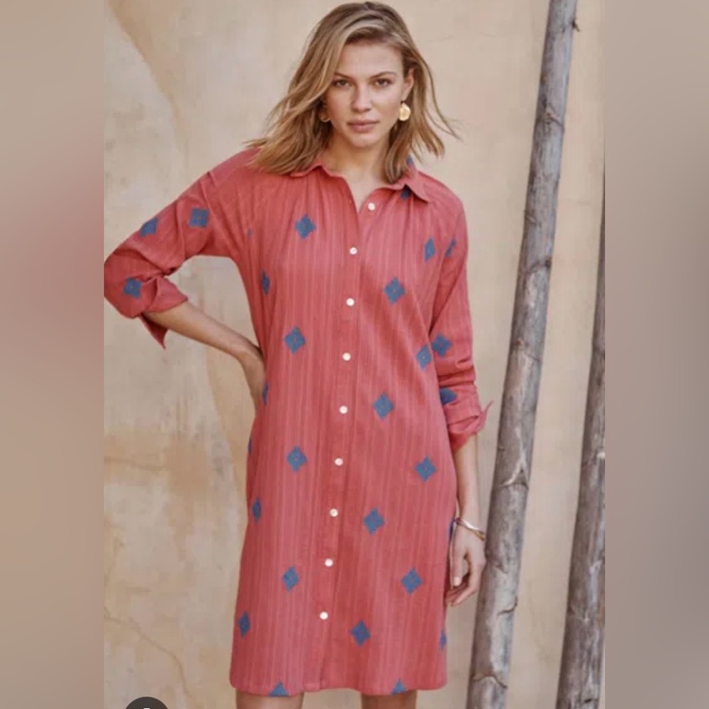 J. Jill pure Jill Coral Button-Front Shirt Dress Embroidered crinkle